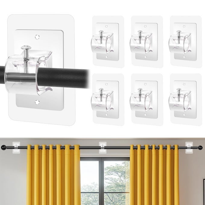 6PCS SELF ADHESIVE CURTAIN ROD HOLDER NO DRILLINGNO DRILL CURTAIN ROD BRACKETSRENTER FRIENDLY DRAPER ROD HOOKNAIL FREE ADJUSTABLE NON SCREW DRAPERY POLE FOR APARTMENT WINDOW WALL DOOR CEILING MOUNT