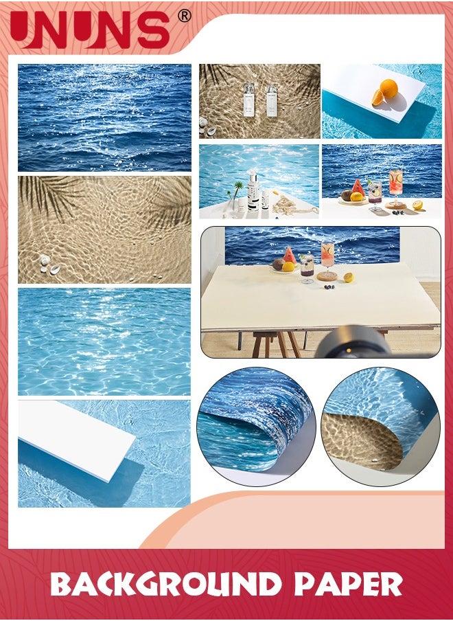 UNUNS 2Pcs Double Sided Photography Background,(87X57CM) 4 Patterns Blue Sea Water Ripple Waterproof Paper,Tabletop Backdrop for Food Jewelry Cosmetics Makeup Photo Shoot  - Image 1