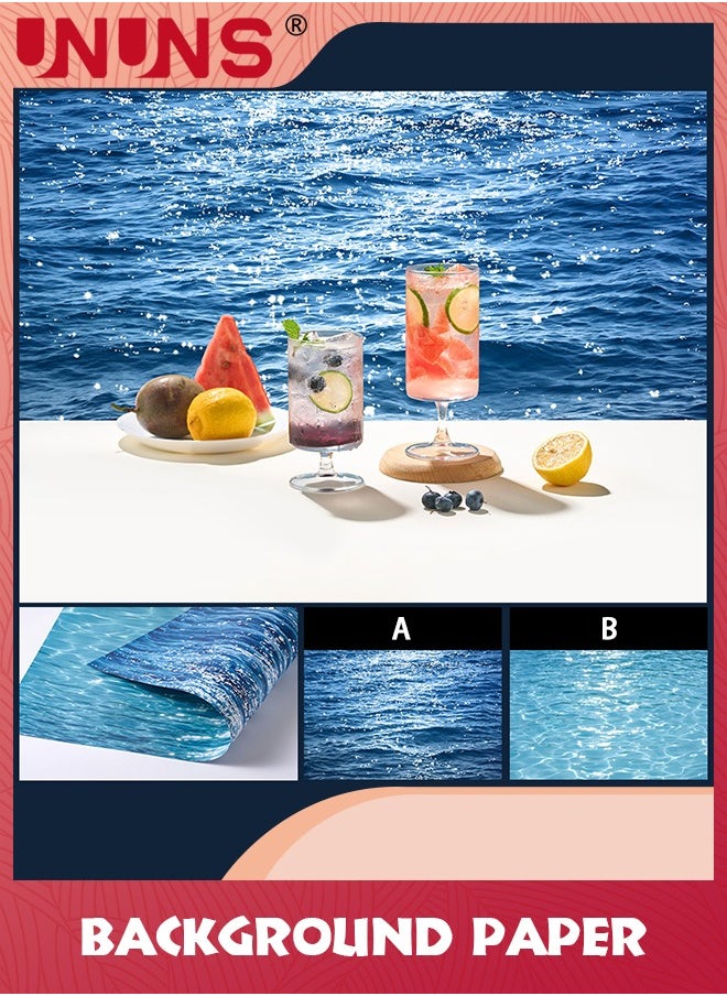 UNUNS 2Pcs Double Sided Photography Background,(87X57CM) 4 Patterns Blue Sea Water Ripple Waterproof Paper,Tabletop Backdrop for Food Jewelry Cosmetics Makeup Photo Shoot  - Image 3