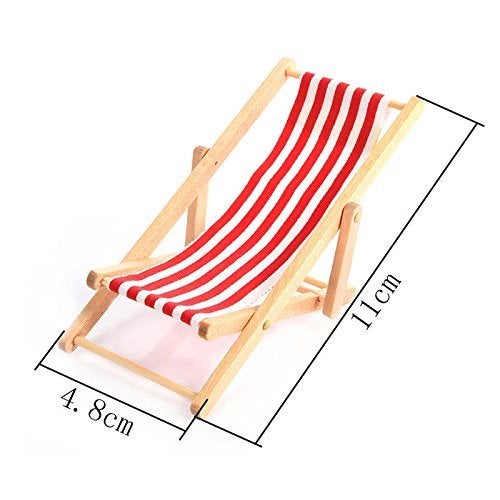 KODORIA 3pcs 1:12 Miniature Foldable Wooden Beach Chair Mini Deck Chair Longue Deck Chair Mini Furniture Accessories with Red/ Blue Stripe for Indoor Outdoor - Image 2