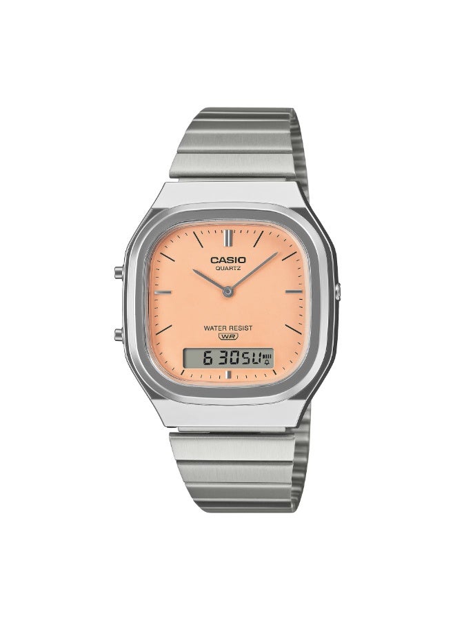 Casio Vintage Analog Digital Unisex Watch AQ-240E-4A, Silver-Tone with Peach Dial - Image 1