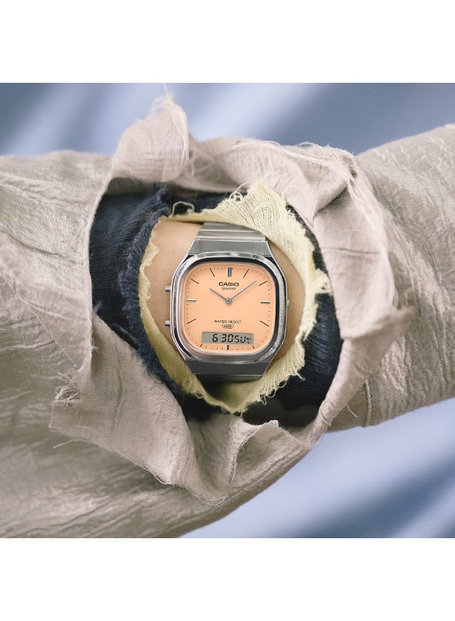 Casio Vintage Analog Digital Unisex Watch AQ-240E-4A, Silver-Tone with Peach Dial - Image 2
