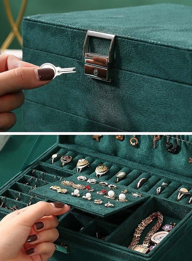 Gnanex صندوق تنظيم مجوهرات نسائي من غنانكس، صندوق مجوهرات مخملي ثلاثي الطبقات، صندوق مجوهرات، حقيبة مكياج، حقيبة تخزين مع قفل للخواتم والقلائد والأقراط والساعات (لون أخضر، 24 × 17 × 11 سم) - Image 4
