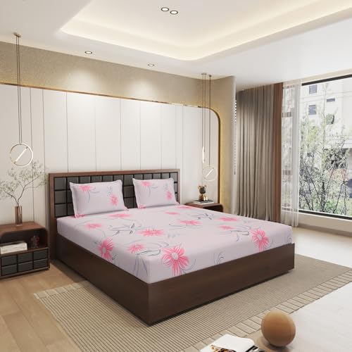 Status Contract Cotton Rich Double Bedsheet with 2 Pillow Covers for Bed Room, Home, Hotel-120 GSM (Pink, Grey & Green)_215x210 CM - Image 1