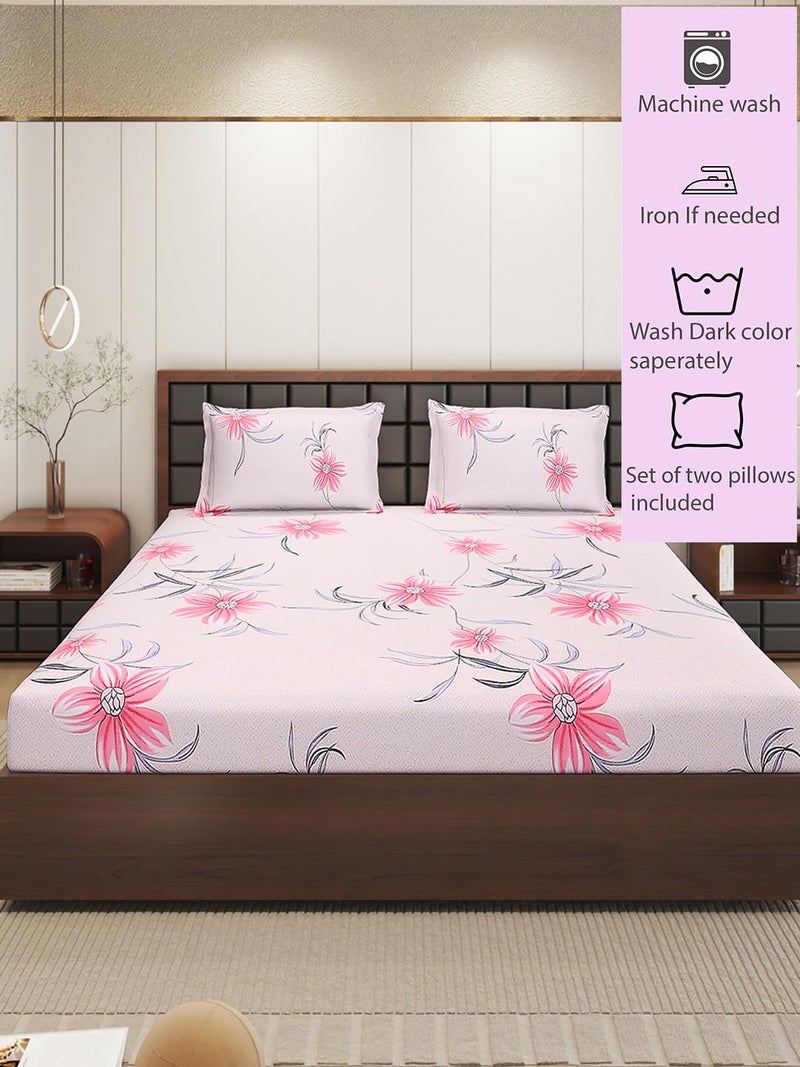 Status Contract Cotton Rich Double Bedsheet with 2 Pillow Covers for Bed Room, Home, Hotel-120 GSM (Pink, Grey & Green)_215x210 CM - Image 3