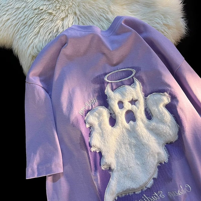Little Monster Embroider Korean Style Hong Kong Style T-Shirt Oversize Short-Sleeved Round Neck Top Ins Teenagers - Image 2