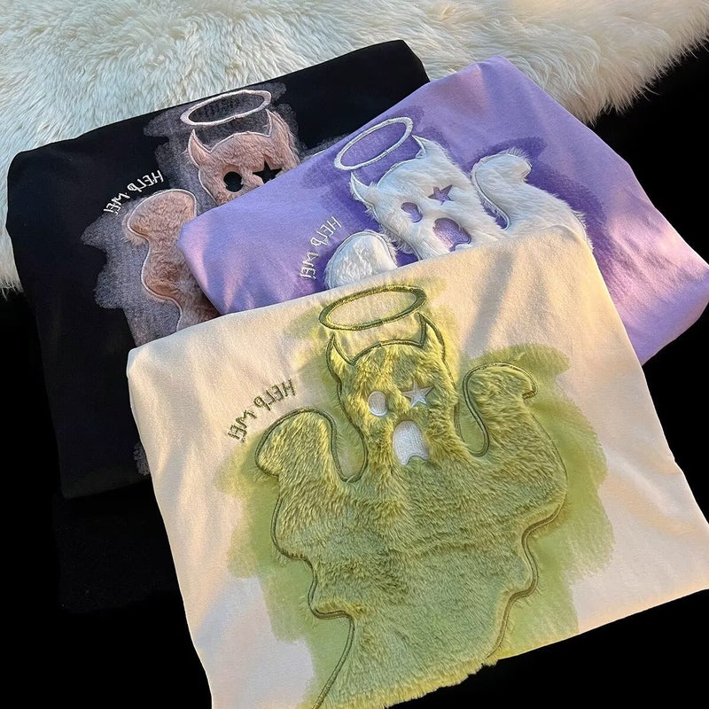 Little Monster Embroider Korean Style Hong Kong Style T-Shirt Oversize Short-Sleeved Round Neck Top Ins Teenagers - Image 5