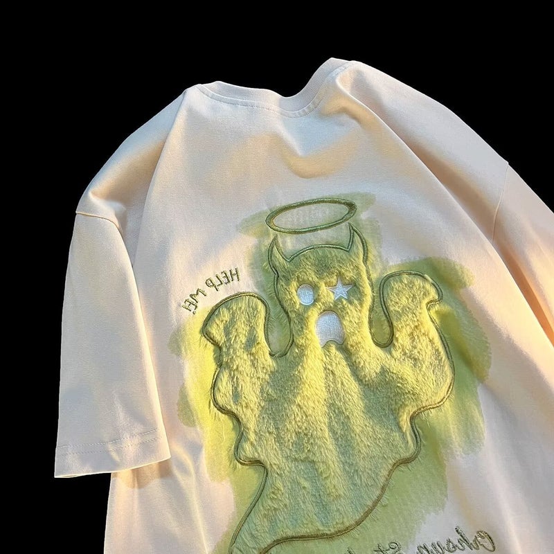 Little Monster Embroider Korean Style Hong Kong Style T-Shirt Oversize Short-Sleeved Round Neck Top Ins Teenagers - Image 3
