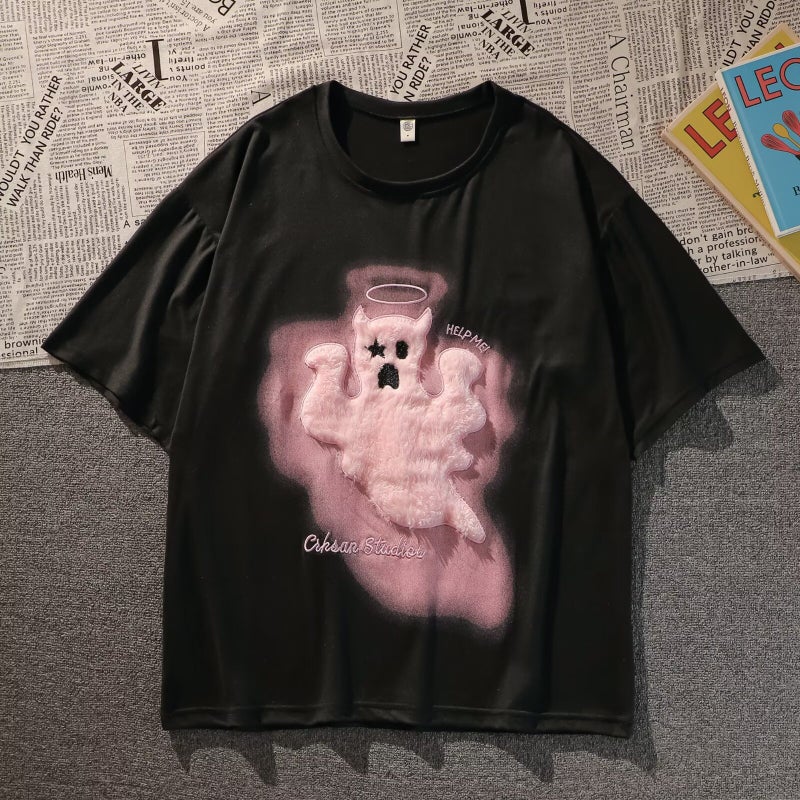 Little Monster Embroider Korean Style Hong Kong Style T-Shirt Oversize Short-Sleeved Round Neck Top Ins Teenagers - Image 4