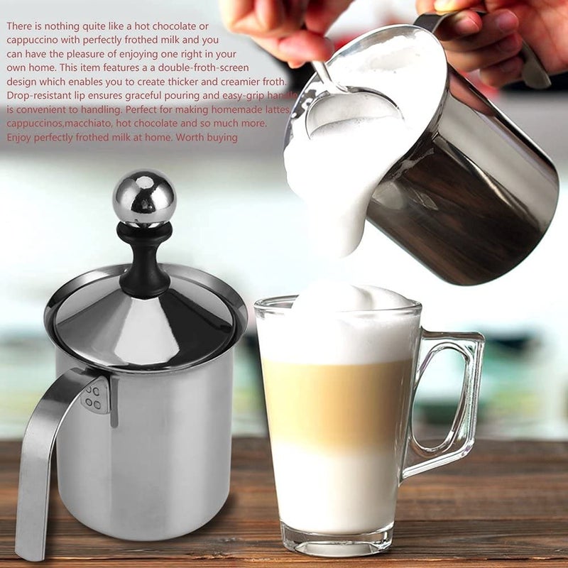 moxly Stainless Steel Coffee & Milk Frother Manual Blender & Beater with Double Froth Pump, Handle & Lid for Hot & Cold Cappuccinos & Lattes (800 ml) - Image 2