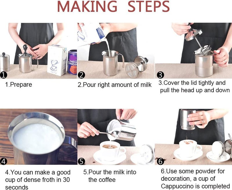 moxly Stainless Steel Coffee & Milk Frother Manual Blender & Beater with Double Froth Pump, Handle & Lid for Hot & Cold Cappuccinos & Lattes (800 ml) - Image 5