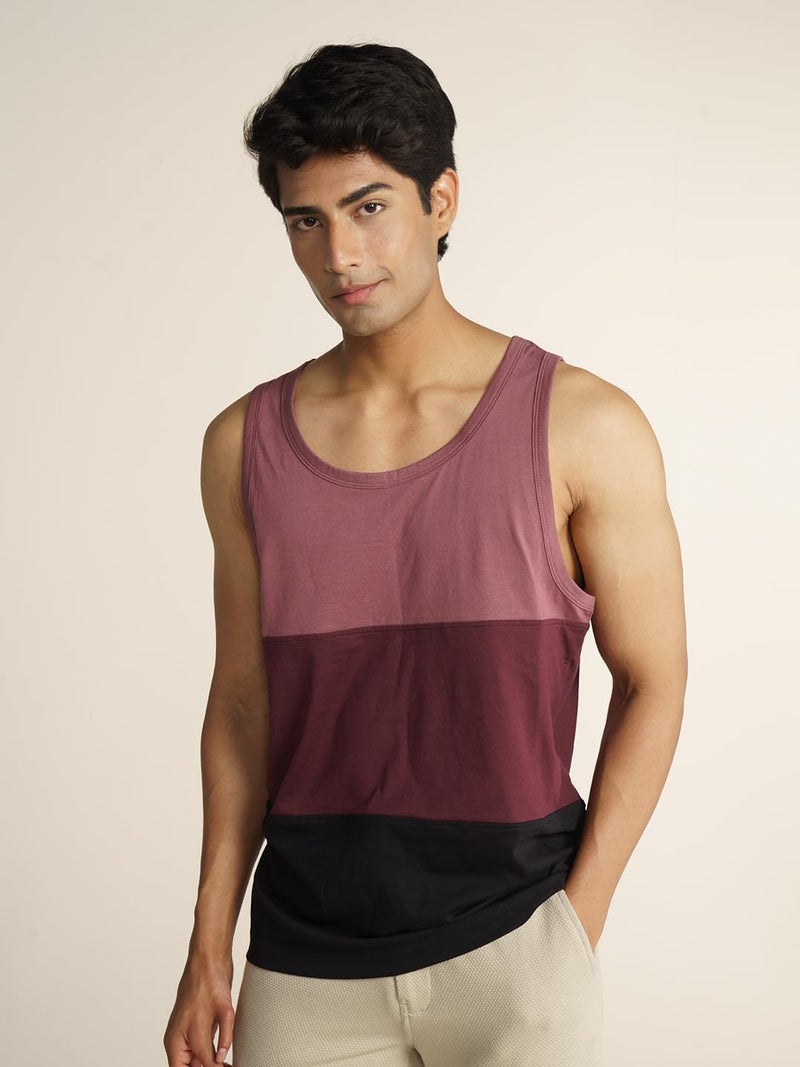 DAMENSCH Breeeze Tank Top, Ultra-Lightweight Gym Vests for Men Workout, Anti-Fade Cotton Blend Sando for Man, Relaxed Fit and Airy Sleeveless T Shirts-Red & Black Splicing-M - Image 4