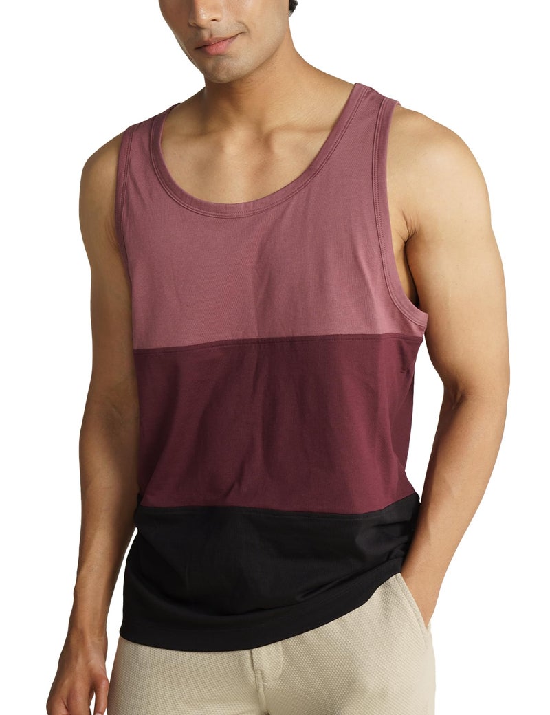 DAMENSCH Breeeze Tank Top, Ultra-Lightweight Gym Vests for Men Workout, Anti-Fade Cotton Blend Sando for Man, Relaxed Fit and Airy Sleeveless T Shirts-Red & Black Splicing-M - Image 1