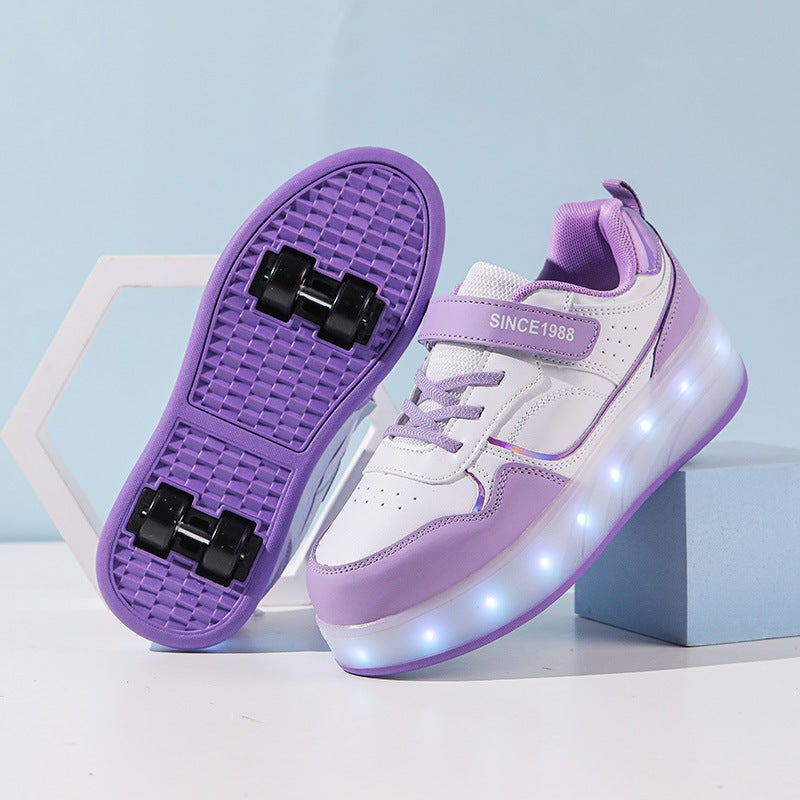 Generic 2024 boys and girls new four-wheel walking shoes sole with wheels shoes sliding flat hot wheels flying skate shoes 2988 purple four-wheel charging