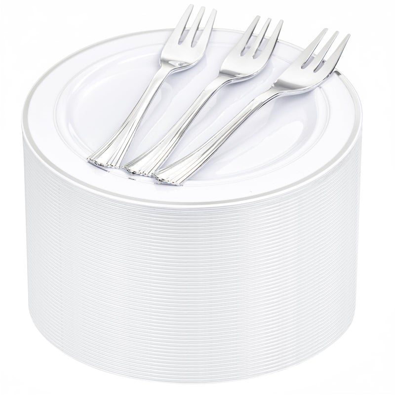 WELLIFE 240PCS Silver Plastic Dessert Plates  Includes 120PCS Silver Forks 120PCS 63 Inch Salad  Appetizer Plates  Perfect for Weddings  Parties
