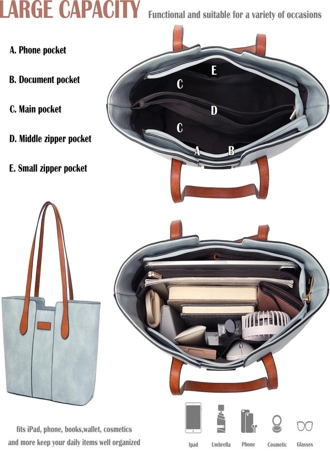 ToLFE Tote Bags for Women Purses and Handbags Top Handle Satchel PU Leather Shoulder Hobo Bags (Light Blue/Brown) - Image 4