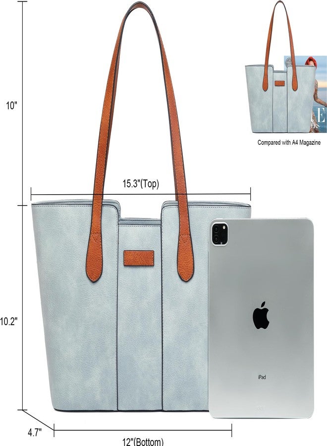 ToLFE Tote Bags for Women Purses and Handbags Top Handle Satchel PU Leather Shoulder Hobo Bags (Light Blue/Brown) - Image 5