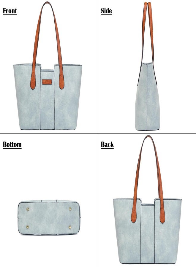ToLFE Tote Bags for Women Purses and Handbags Top Handle Satchel PU Leather Shoulder Hobo Bags (Light Blue/Brown) - Image 3