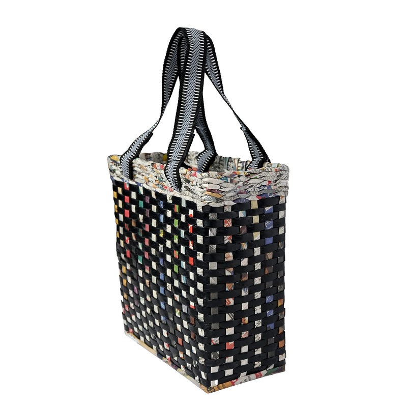 Sonas Creation Paperus Re-usable Small Black Check Carry Bag, Shopping Bag, Handbag, Tiffin Basket, Lunch Bag, Eco-friendly, Handmade, of Paper Ropes 11 In Tall 10 In Length 5 In Wide Base - Image 3