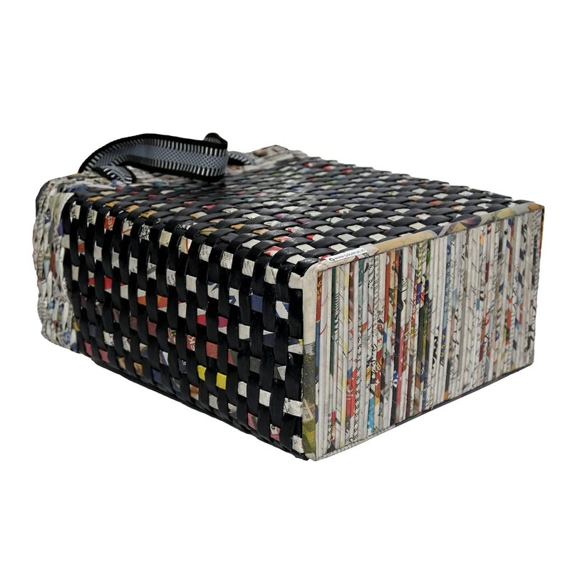 Sonas Creation Paperus Re-usable Small Black Check Carry Bag, Shopping Bag, Handbag, Tiffin Basket, Lunch Bag, Eco-friendly, Handmade, of Paper Ropes 11 In Tall 10 In Length 5 In Wide Base - Image 5