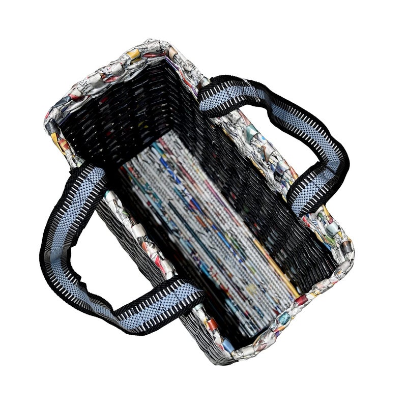 Sonas Creation Paperus Re-usable Small Black Check Carry Bag, Shopping Bag, Handbag, Tiffin Basket, Lunch Bag, Eco-friendly, Handmade, of Paper Ropes 11 In Tall 10 In Length 5 In Wide Base - Image 4