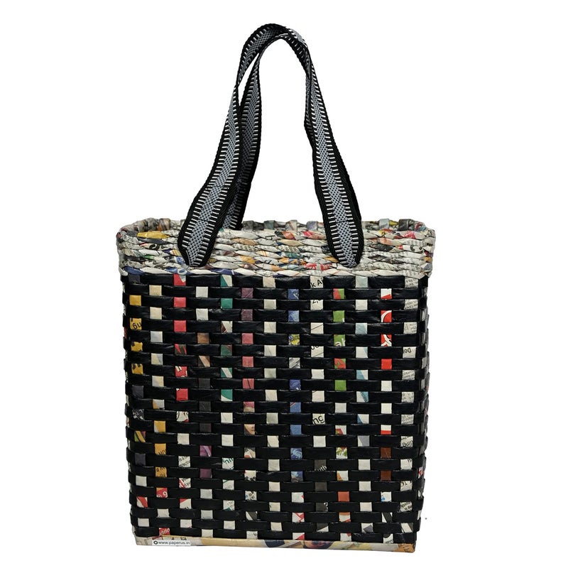 Sonas Creation Paperus Re-usable Small Black Check Carry Bag, Shopping Bag, Handbag, Tiffin Basket, Lunch Bag, Eco-friendly, Handmade, of Paper Ropes 11 In Tall 10 In Length 5 In Wide Base - Image 1