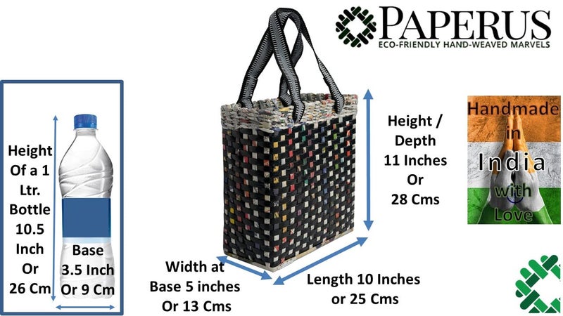 Sonas Creation Paperus Re-usable Small Black Check Carry Bag, Shopping Bag, Handbag, Tiffin Basket, Lunch Bag, Eco-friendly, Handmade, of Paper Ropes 11 In Tall 10 In Length 5 In Wide Base - Image 2