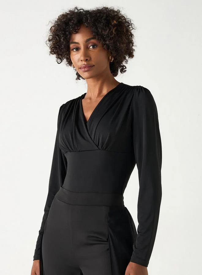 2Xtremz 2Xtremz Solid Shaping Bodysuit with V-neck and Long Sleeves