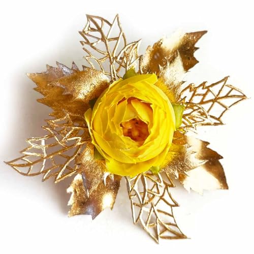 ADIKALA Artificial Peonies Golden Flower Leaf Bunch for Hamper, Flower Brooch Hamper for Decoration, Gifting, Trousseau Packing | Flower Bunch (3, Yellow) - Image 2