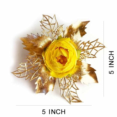 ADIKALA Artificial Peonies Golden Flower Leaf Bunch for Hamper, Flower Brooch Hamper for Decoration, Gifting, Trousseau Packing | Flower Bunch (3, Yellow) - Image 3