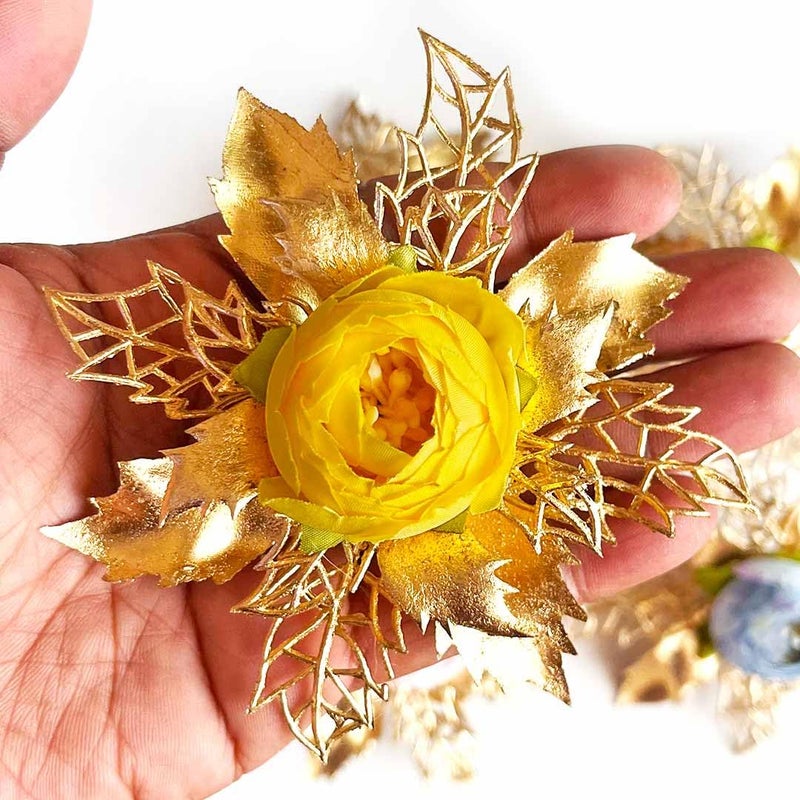 ADIKALA Artificial Peonies Golden Flower Leaf Bunch for Hamper, Flower Brooch Hamper for Decoration, Gifting, Trousseau Packing | Flower Bunch (3, Yellow) - Image 5