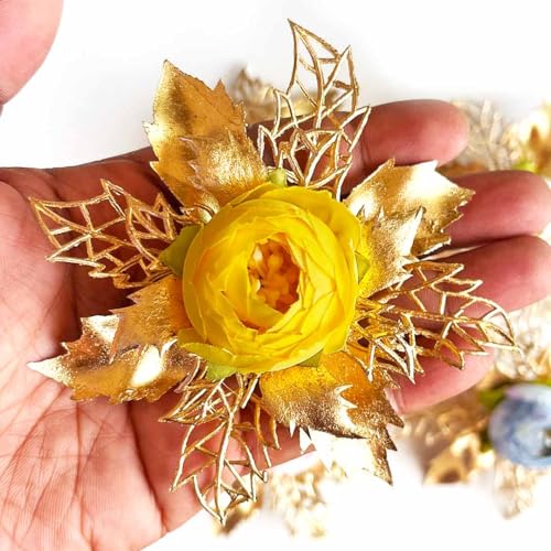 ADIKALA Artificial Peonies Golden Flower Leaf Bunch for Hamper, Flower Brooch Hamper for Decoration, Gifting, Trousseau Packing | Flower Bunch (3, Yellow) - Image 1