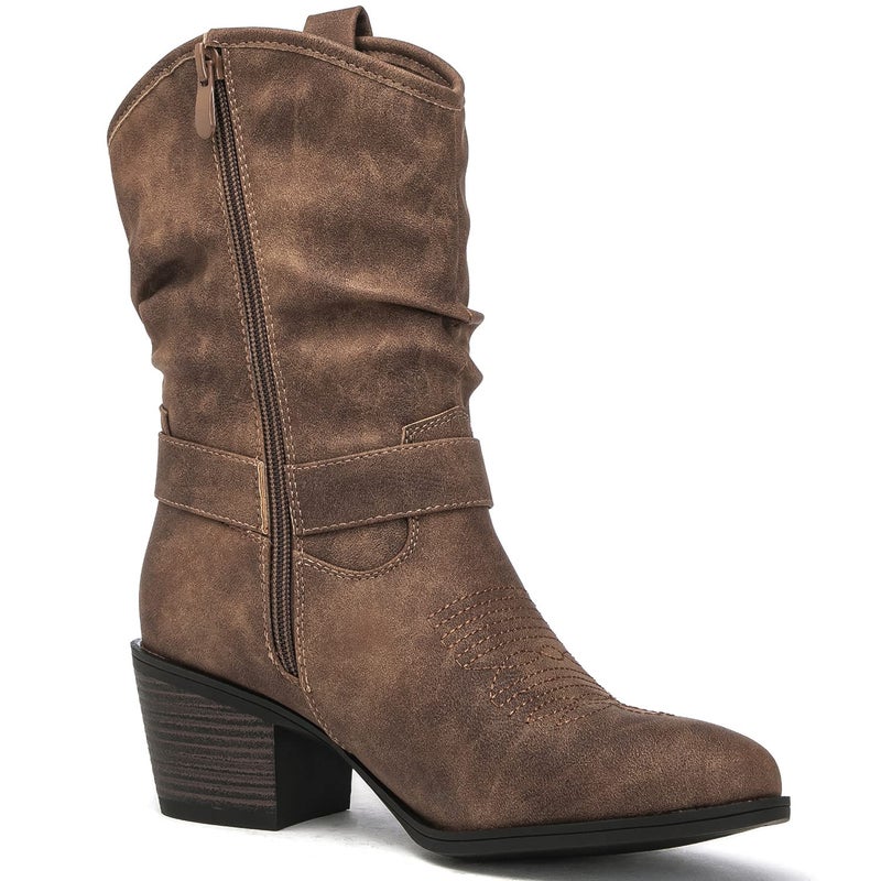 GLOBALWIN Women's Camel Mid Calf Cowgirl Boots Fashion Western Cowboy Boots for Women Chunky Low Heel With Side Zipper Size 8.5M - Image 3