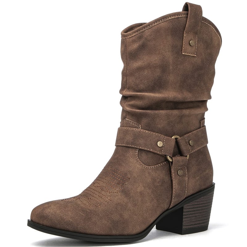 GLOBALWIN Women's Camel Mid Calf Cowgirl Boots Fashion Western Cowboy Boots for Women Chunky Low Heel With Side Zipper Size 8.5M - Image 2