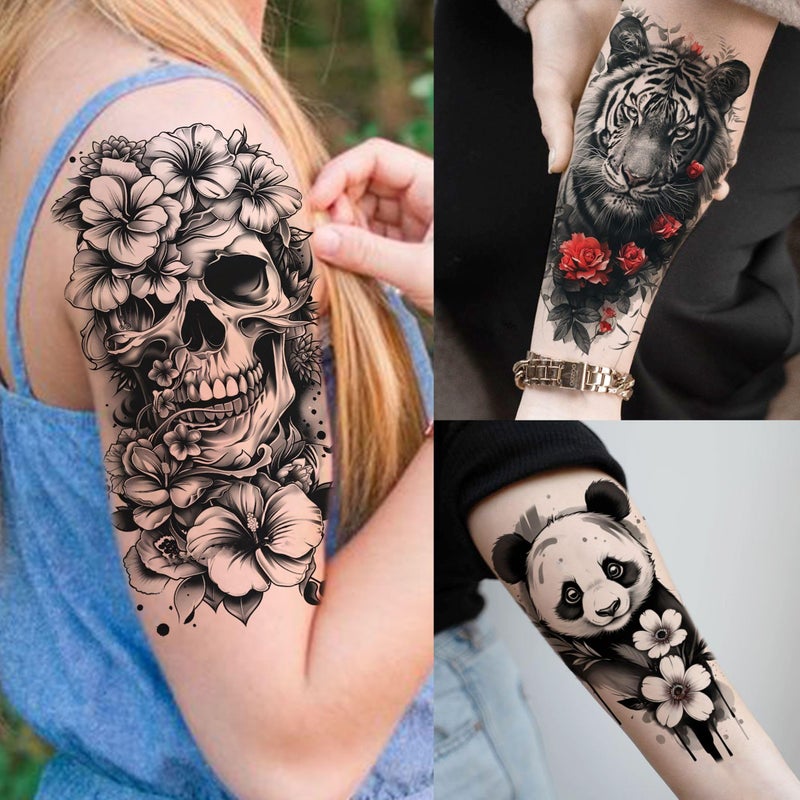 SHELYEXIEN 66 Sheets Snake Rose Flower Temporary Tattoos For Women Girls, Dragon Panda Florals Half Arm Sleeve Tattoo Sticker Dreamcatcher Floral, Skull Temp Butterfly Fake Tattoos For Adults Lion Tiger Leopard - Image 2