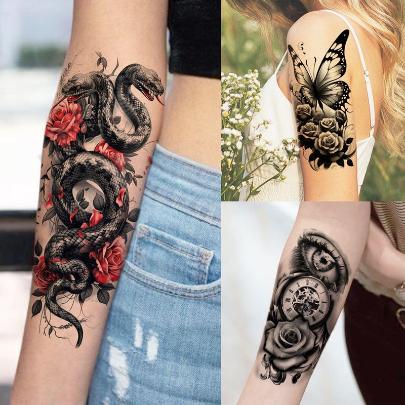 SHELYEXIEN 66 Sheets Snake Rose Flower Temporary Tattoos For Women Girls, Dragon Panda Florals Half Arm Sleeve Tattoo Sticker Dreamcatcher Floral, Skull Temp Butterfly Fake Tattoos For Adults Lion Tiger Leopard - Image 3
