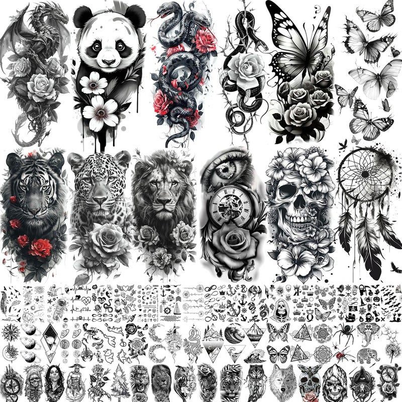 SHELYEXIEN 66 Sheets Snake Rose Flower Temporary Tattoos For Women Girls, Dragon Panda Florals Half Arm Sleeve Tattoo Sticker Dreamcatcher Floral, Skull Temp Butterfly Fake Tattoos For Adults Lion Tiger Leopard - Image 1