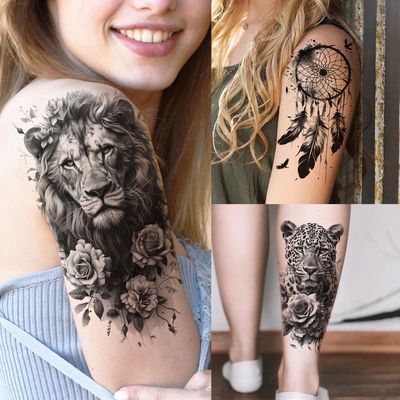 SHELYEXIEN 66 Sheets Snake Rose Flower Temporary Tattoos For Women Girls, Dragon Panda Florals Half Arm Sleeve Tattoo Sticker Dreamcatcher Floral, Skull Temp Butterfly Fake Tattoos For Adults Lion Tiger Leopard - Image 4