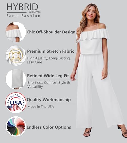 Hybrid & Company Women's Lightweight Off Shoulder Jumpsuit – Stretchy Wide Leg Romper – Casual to Formal One Piece Outfit KPVJ47696 E9000 WHITE L - Image 2