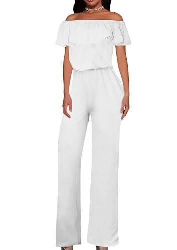 Hybrid & Company Women's Lightweight Off Shoulder Jumpsuit – Stretchy Wide Leg Romper – Casual to Formal One Piece Outfit KPVJ47696 E9000 WHITE L - Image 1