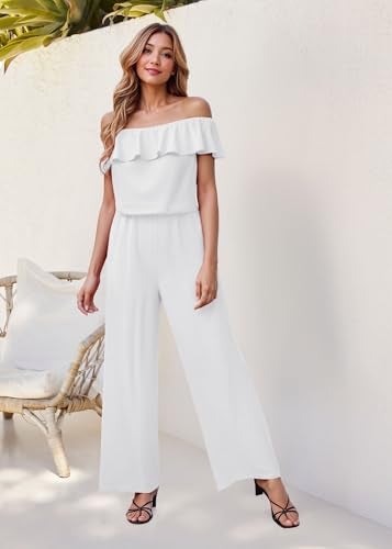 Hybrid & Company Women's Lightweight Off Shoulder Jumpsuit – Stretchy Wide Leg Romper – Casual to Formal One Piece Outfit KPVJ47696 E9000 WHITE L - Image 5