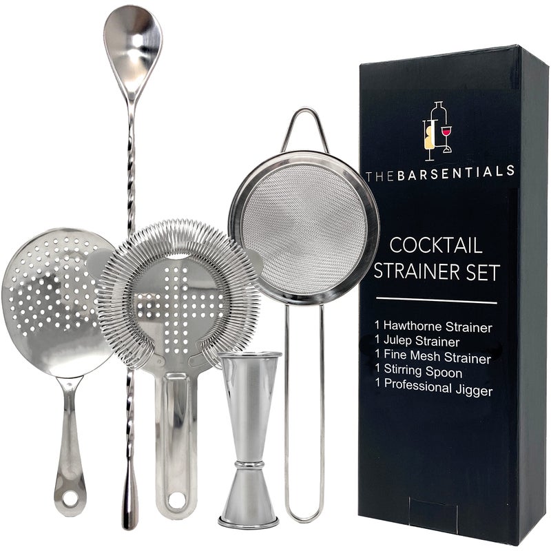 TheBarsentials Cocktail Strainer Set Stainless Steel Bar Tools with Stirring Spoon  Hawthorne Julep FineMesh and Jigger for Drinks