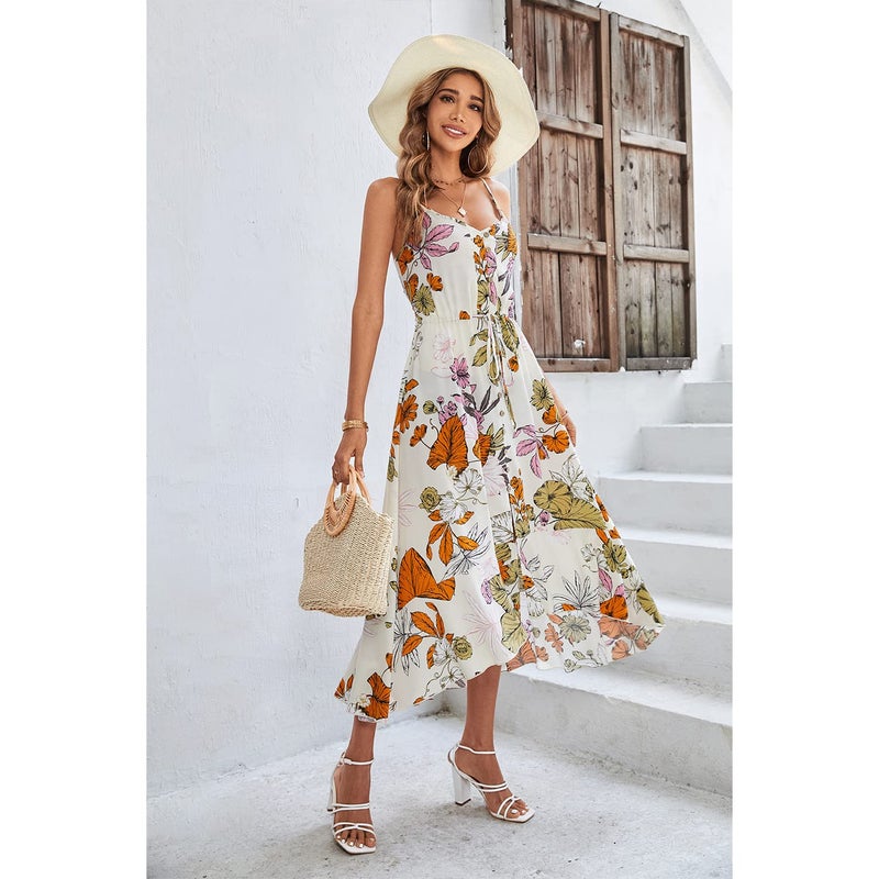 BROVAVE Women's 2025 Summer Casual Boho Sundress Polka Dot Spaghetti Strap V Neck Flowy Midi Dresses(008 Apricot#2, Medium) - Image 2