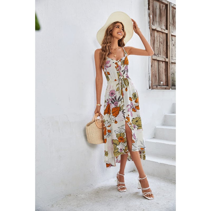 BROVAVE Women's 2025 Summer Casual Boho Sundress Polka Dot Spaghetti Strap V Neck Flowy Midi Dresses(008 Apricot#2, Medium) - Image 4