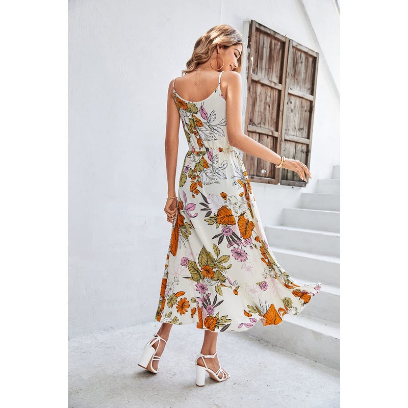 BROVAVE Women's 2025 Summer Casual Boho Sundress Polka Dot Spaghetti Strap V Neck Flowy Midi Dresses(008 Apricot#2, Medium) - Image 5