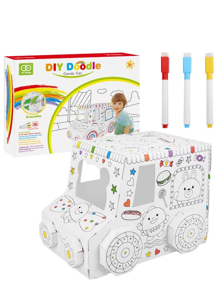 DUNISO Three dimensional assembly graffiti children's toys,DIY Doodle Cardboard Coloring Creative Crafts Play House Project Assemble And Paint Educational Toys For Kids,Candy cart - Image 1