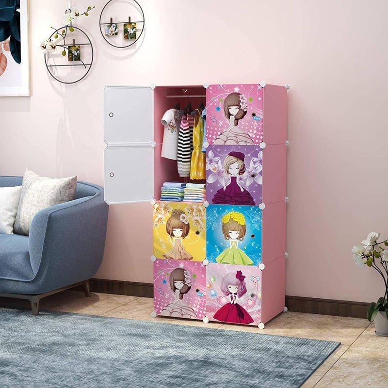 AYSIS Multipurpose Portable 8 Plastic Small Sheet Collapsible Wardrobe for Clothes Storage Rack for Kids Pink - Image 1