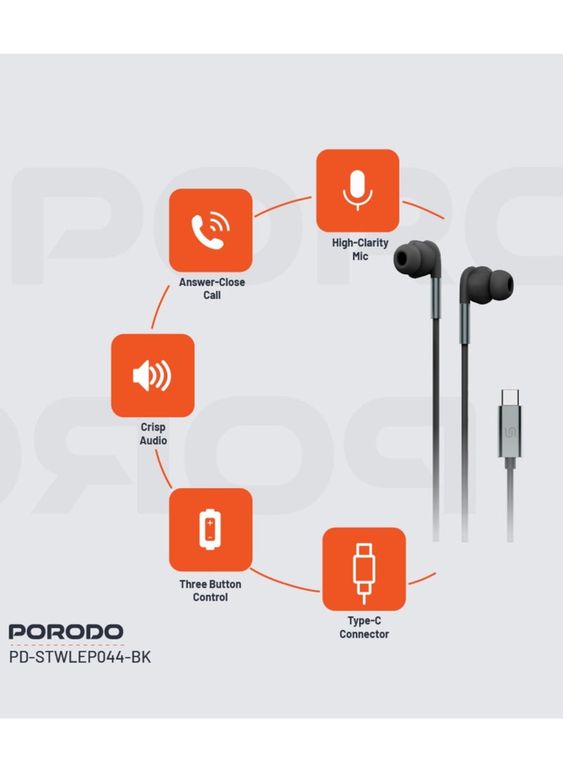 porodo Stereo Wired Earphones with Type-C Connector / Three Button Control / High Clarity Mic / Answer-Close Call / Crisp Audio - Black  - Image 2