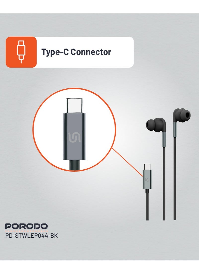 porodo Stereo Wired Earphones with Type-C Connector / Three Button Control / High Clarity Mic / Answer-Close Call / Crisp Audio - Black  - Image 3
