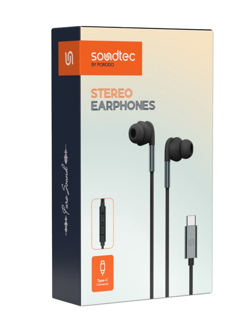 porodo - Stereo Wired Earphones with Type-C Connector / Three Button Control / High Clarity Mic / Answer-Close Call / Crisp Audio - Black - Image 1